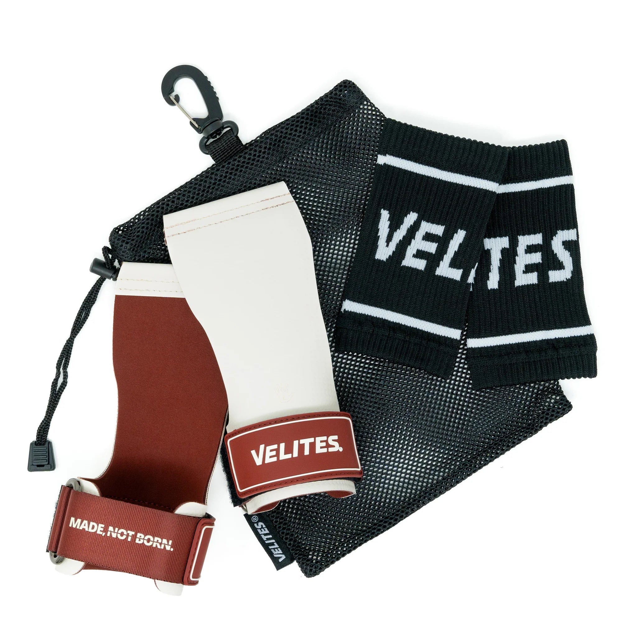 Velites quad ultra grips wit polsbanden en een tas om ze te bewaren.